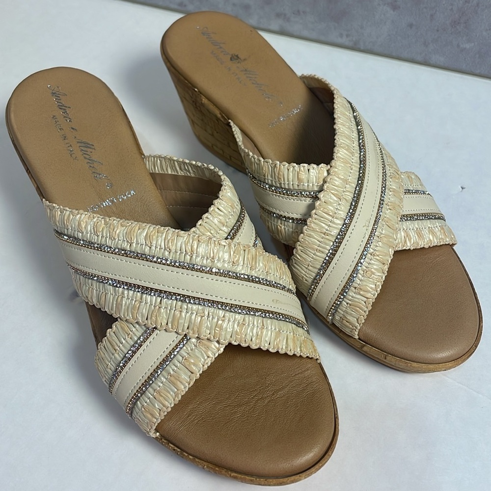 Andrea e Michele Wedge Cork Cross Strap Sandals Ruffles Sparkly‎ Tan Cream Italy